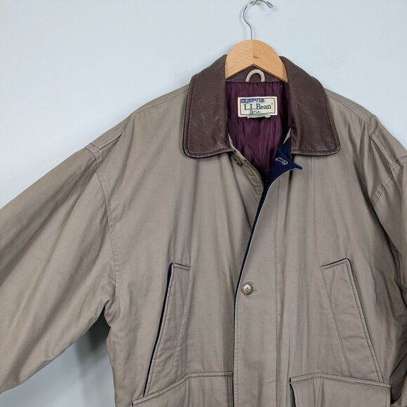 Vintage LL Bean Barn Jacket Mens L Tan Brown Leather Wool 80s 90s Chore Coat - Picture 2 of 16